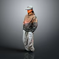 Stylish Character Wearing Hat Gradient Coat And Baggy Pants Standing On Gray Background