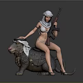 Woman Wearing Bikini And Headscarf Riding Camel Statue With Decorative Head Covering Holding Rifle