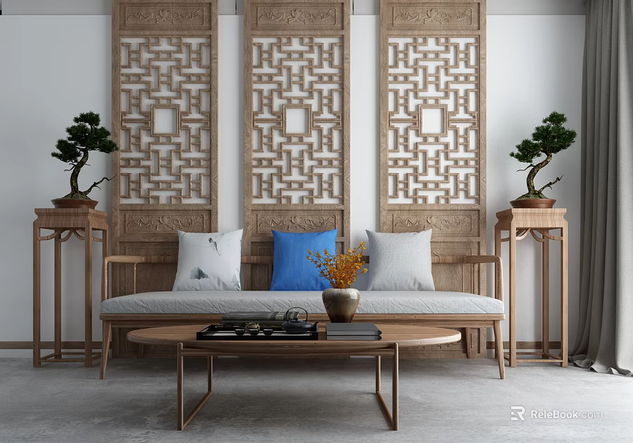 Traditional Chinese Style Living Room Three Seater Sofa With Carved Screens Bonsai And Coffee Table 3d model 