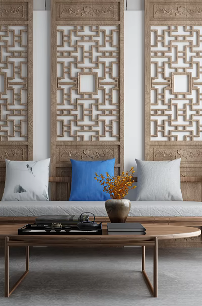 Traditional Chinese Style Living Room Three Seater Sofa With Carved Screens Bonsai And Coffee Table 3d model