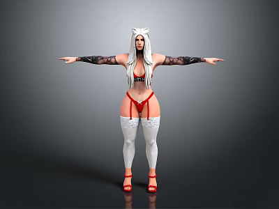 Woman With Cat Ears Long White Hair Red Lingerie White Thigh High Socks Red Heels 3d model