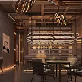 Modern Industrial Style Bar Interior With Grid Wall Pendant Lights And Dining Tables And Chairs