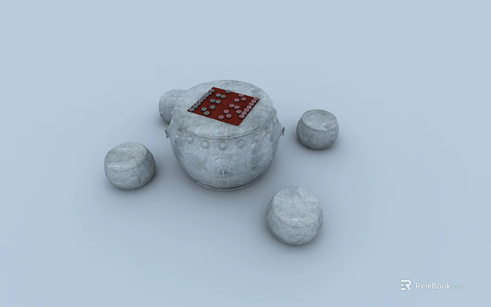 Gray Stone Outdoor Table With Round Base Red Grid Top And Matching Stools 3d model