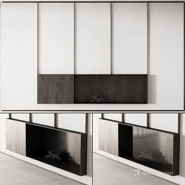 Modern Dark Wood Fireplace With Black Hearth On White Wall Minimalist Design 3d model 