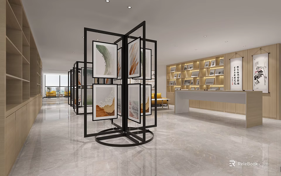 Modern Lobby Interior With Rotating Black Frame Screens Displaying Artworks Marble Floor and Wooden Bookshelves 3d model 
