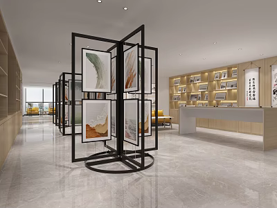 Modern Lobby Interior With Rotating Black Frame Screens Displaying Artworks Marble Floor and Wooden Bookshelves 3d model