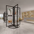 Modern Lobby Interior With Rotating Black Frame Screens Displaying Artworks Marble Floor and Wooden Bookshelves