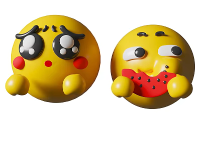 Yellow Emoji Plush Toys With Cute Expressions And Watermelon Eating Design For Kids 3d model