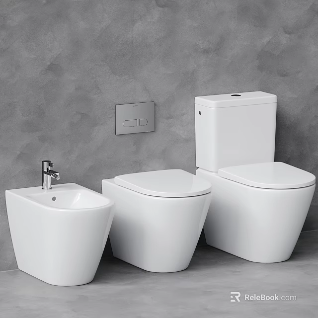 Modern White Bathroom Toilets Display With Different Styles Against Grey Wall Background 3d model 