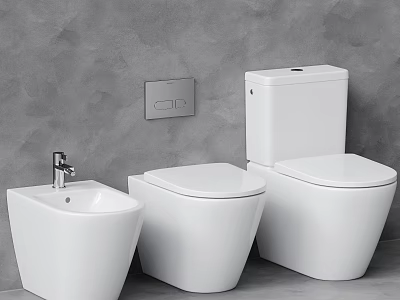 Modern White Bathroom Toilets Display With Different Styles Against Grey Wall Background 3d model