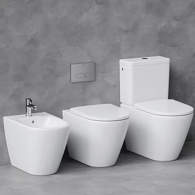 Modern White Bathroom Toilets Display With Different Styles Against Grey Wall Background 3d model