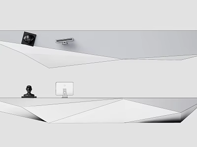 Modern Reception Desk Design Featuring Computer Monitor Sculpture And Wall Mounted Camera 3d model
