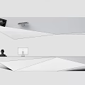 Modern Reception Desk Design Featuring Computer Monitor Sculpture And Wall Mounted Camera
