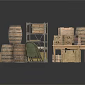 Vintage Rustic Daily Living Supplies Collection With Wooden Barrels Shelf Crates Books And Umbrellas