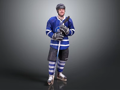 A Man Posing in Blue Hockey Jersey With Helmet Holding Hockey Stick and Ice Skates 3d model