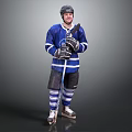 A Man Posing in Blue Hockey Jersey With Helmet Holding Hockey Stick and Ice Skates