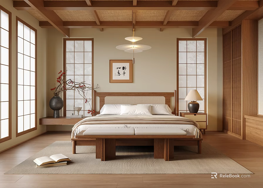 Japanese Inspired Bedroom With Wooden Ceiling Shoji Doors Wooden Bed Nightstand And Table Lamp 3d model 