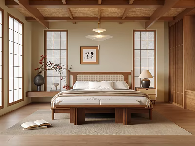 Japanese Inspired Bedroom With Wooden Ceiling Shoji Doors Wooden Bed Nightstand And Table Lamp 3d model
