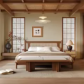 Japanese Inspired Bedroom With Wooden Ceiling Shoji Doors Wooden Bed Nightstand And Table Lamp