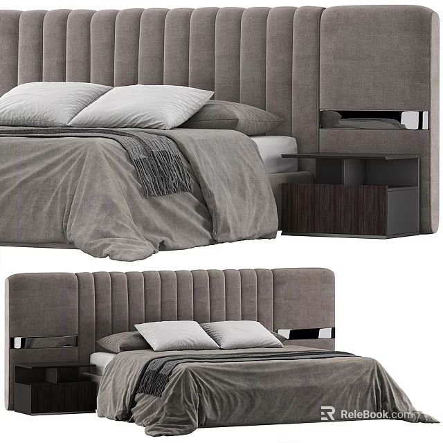 Modern Double Bed With Tufted Headboard Gray Linen Bedding And Wooden Nightstand 3d model 