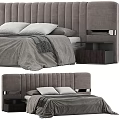 Modern Double Bed With Tufted Headboard Gray Linen Bedding And Wooden Nightstand