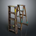Two Old Wooden Ladders With Yellow And Blue Paint Marks As Household Items