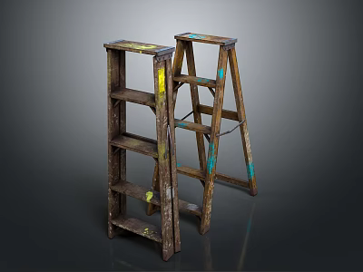 Two Old Wooden Ladders With Yellow And Blue Paint Marks As Household Items 3d model