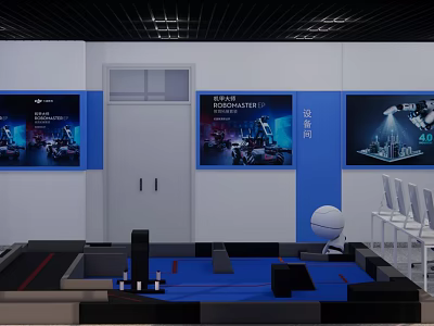 School Tech Classroom With Blue Display Area Wall Posters Robots Industry 4.0 And White Chairs 3d model