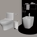 Modern White Toilet In Bathroom With Trash Can Toilet Paper Roll And Sink