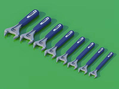 Professional Hardware Seven Wrench Set with Blue Ergonomic Handles and Silver Heads on Green Background 3d model