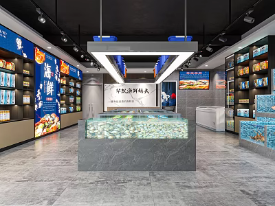 Modern Seafood Mall Shop Interior Featuring Marble Display Counter Shelves And Seafood Billboards 3d model