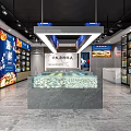 Modern Seafood Mall Shop Interior Featuring Marble Display Counter Shelves And Seafood Billboards