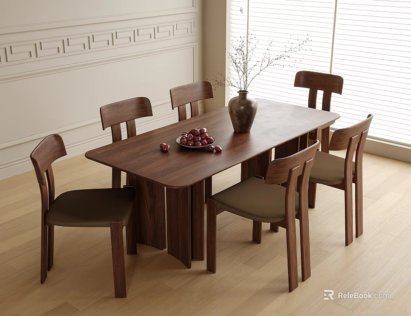 Simple Natural Wooden Dining Table With Six Chairs Vase And Fruit Bowl 3d model 