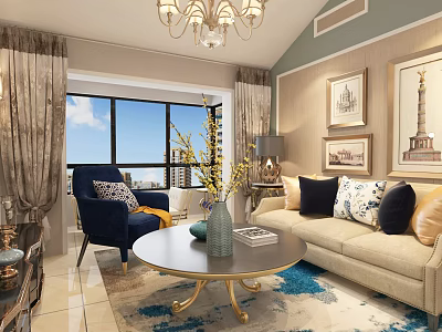 Stylish Living And Dining Room Interior With Chandelier Beige Sofa Blue Armchair Round Coffee Table 3d model