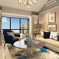 Stylish Living And Dining Room Interior With Chandelier Beige Sofa Blue Armchair Round Coffee Table