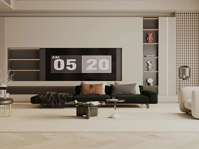 Modern Living Room Interior With Green Sofa Large Screen TV Coffee Table And Bookshelf 3d model