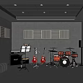 Music Focused Entertainment Room With Guitars Drum Set Soundproof Panels Music Stand And Speakers