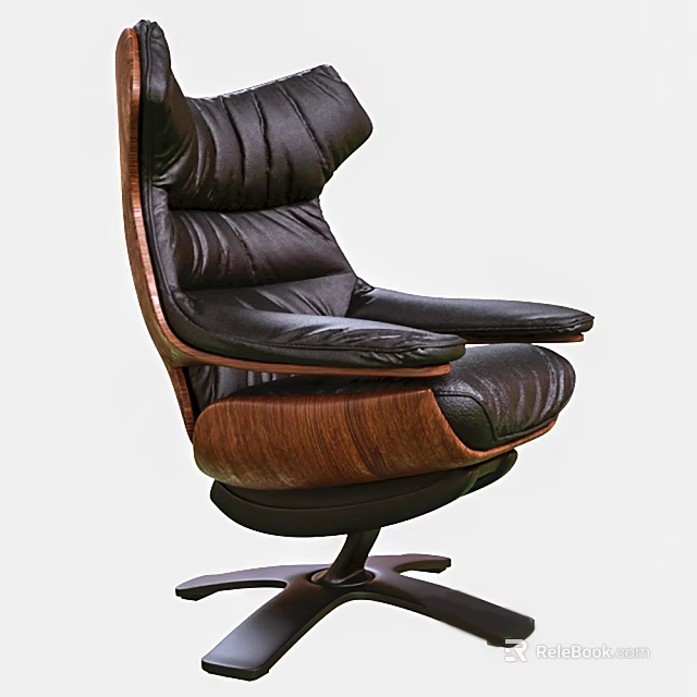Elegant Modern Office Chair With Leather Upholstery Wooden Armrests And Swivel Base 3d model 