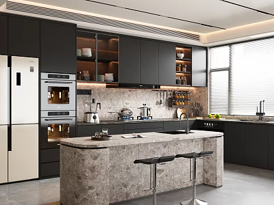 Modern Kitchen With Black Cabinets Marble Island Double Door Refrigerator And Bar Stools 3d model