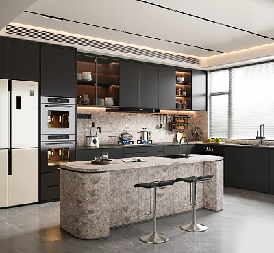 Modern Kitchen With Black Cabinets Marble Island Double Door Refrigerator And Bar Stools 3d model