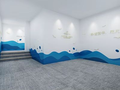 Elevator Corridor With White Walls Blue Wave Patterns Seagull Decorations Staircase And Gray Carpet 3d model