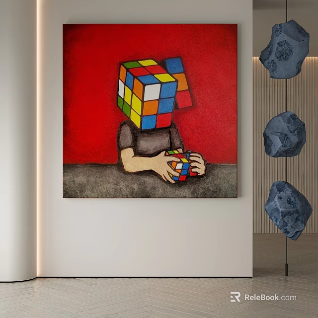 Abstract Painting With Red Background Featuring Rubik's Cube Head Figure Holding Cube 3d model