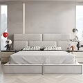 Modern Double Bed with Tufted Headboard Plush Pillows and Decorative Nightstands in Bedroom