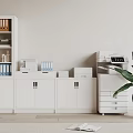 Modern Office Workspace With White Cabinets Bookshelf Globe Printer And Green Plant