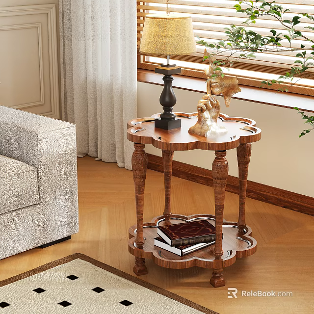 Wooden Side Table With Carved Design In Living Room Next To Sofa And Decorative Items 3d model 
