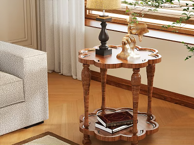 Wooden Side Table With Carved Design In Living Room Next To Sofa And Decorative Items 3d model