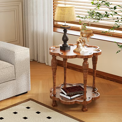 Wooden Side Table With Carved Design In Living Room Next To Sofa And Decorative Items 3d model