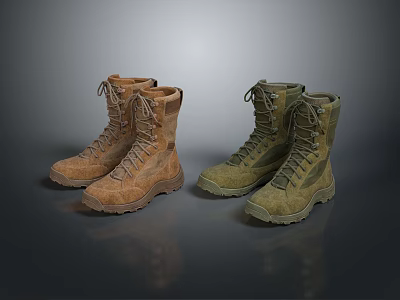 Durable Brown And Green Military Style Boots With Lace Up Design For Outdoor Activities 3d model