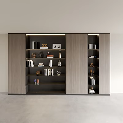 Modern Wooden Bookshelf Interior Design With Open Shelves And Decorative Items 3d model
