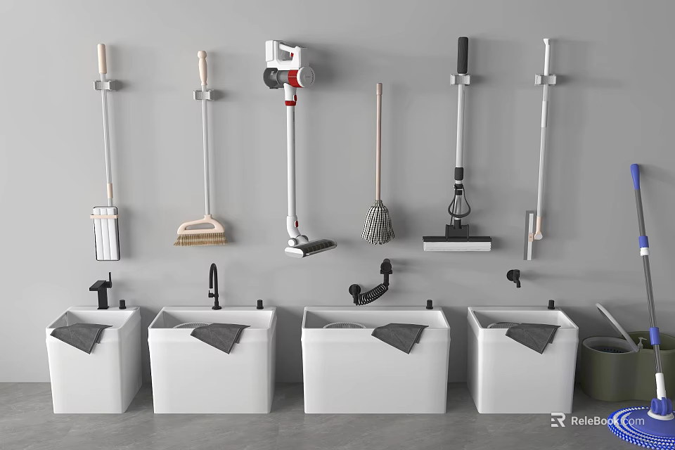 Wall Mounted Cleaning Tools Organizer With Modern Mop Buckets And Accessories Setup 3d model 